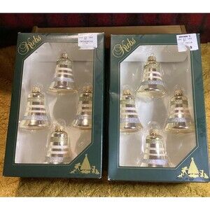 KREBS Glass Christmas Ornaments Tiffany Chiffon Bells Glitter Stripes 2 Boxes